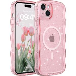 FABSPARK Case for iPhone 13/14,Compatible with MagSafe,Magnetic Clear Curly Wavy Frame Wave Case with Sparkly Bling Glitter,Transparent Acrylic Hard PC for iPhone 14/13,Glitter Clear Pink