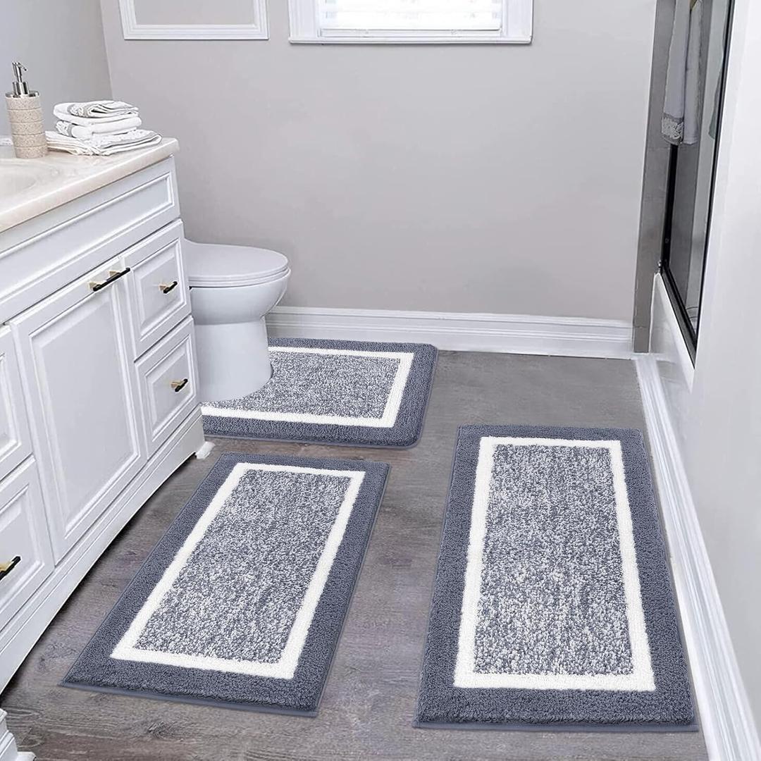 Pauwer Bathroom Rugs Sets 3 Piece Bathroom Shower Rugs with U-Shaped Contour Toilet Mat Absorbent Microfiber Plush Bath Mats Non Slip Bath Rugs Machine Washable Shaggy Bath Floor Mats (18"x26"+20"x32"+U Shape 20"x24", Dark Grey)