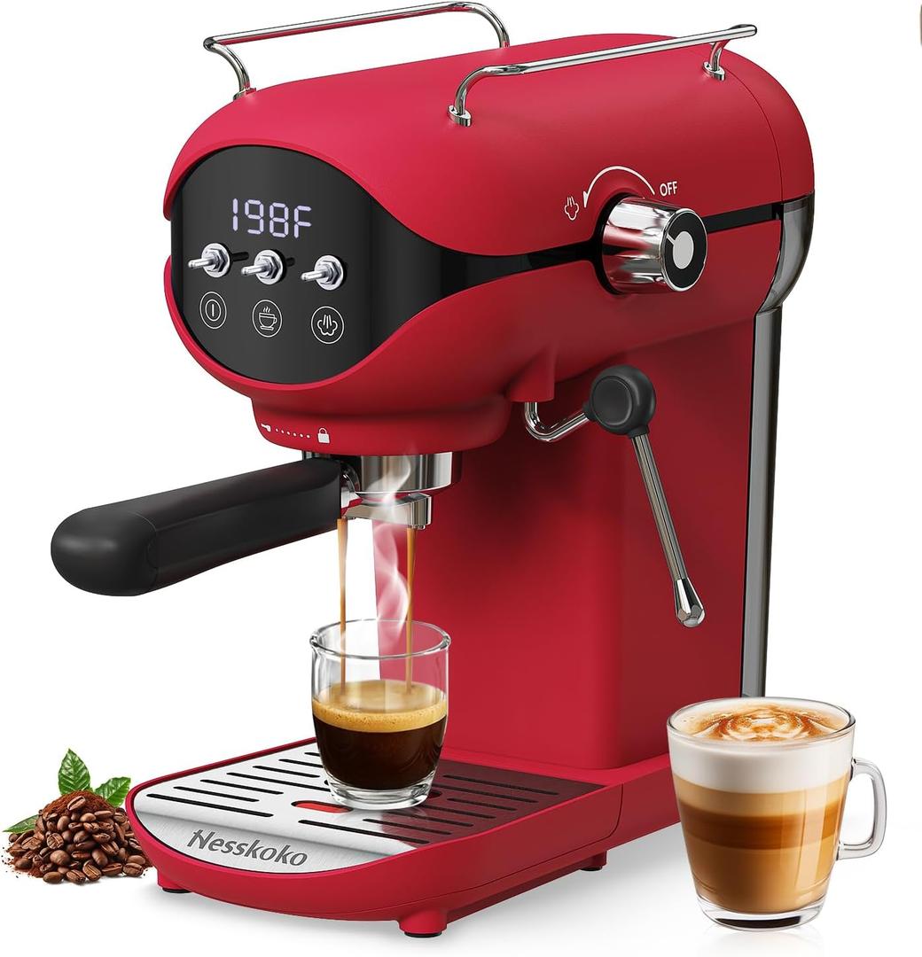 Espresso Machine with Steam Milk Frother Semi Automatic 20 Bar Compact Red with Toggle Switch for home Cafetera Espresso, Latte, Cappuccino, Americano, Macchiato
