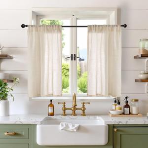 BGment Burlap Linen Semi Sheer Curtains 36 Inch Length for Kitchen Cafe Window - Half Window Drapes Light Filtering with Rod Pocket for Bathroom Bedroom Lightweight, 2 Panels Set, 30 X 36 Inch (Natural)