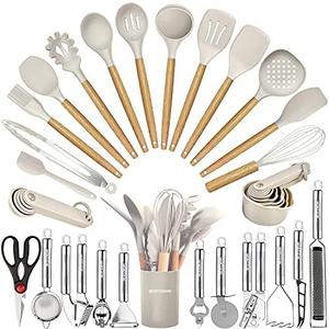 Kitchen Utensils Set- 12 PCs Cooking Utensils with ,Tongs, Spoon Spatula &Turner Made of Heat Resistant Food Grade Silicone and Wooden Handles Kitchen Gadgets Tools Set for Nonstick Cookware