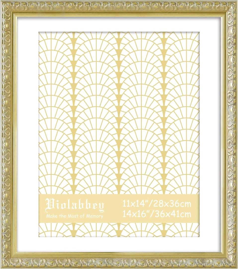 VIOLABBEY 14x16 Picture Frame Gold, Display 11x14 Picture with Mat or 14x16 without Mat, Ornate Vintage 14 x 16 Gold Frame for Wall Decor or Tabletop Display