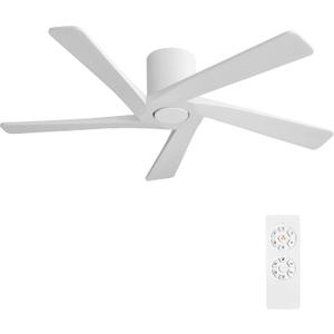 WINGBO 48 Inch Flush Mount DC Ceiling Fans without Lights, 5 Carved Solid Wood Blades, 6-Speed Reversible DC Motor, Low Profile Hugger Ceiling Fan No Lights for Indoor and Outdoor, Gloss White
