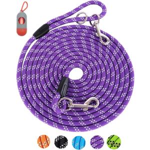 50FT* 3/8 inch, Purple Long Rope Leash for Dog Training 50FT* 3/8 inch, Purple, Reflective Threads Check Cord Recall Training Agility Dog Lead for Large Medium Small Dogs, Dog Tie-out cable for Playing, Camping, or Backyard