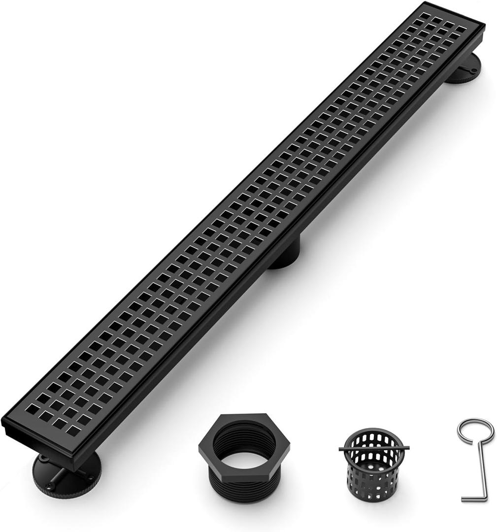 24 Inch Black Linear Shower Drain, Rectangular Shower Floor Drains with Square Hole Cover, 304 Stainless Steel Linear Drain with Leveling Feet, Hair Strainer (Matte Black)