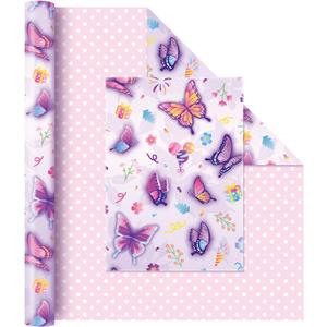 WERNNSAI Butterfly Wrapping Paper 1 Roll 17” x 33 ft Reversible Birthday Wrapping Paper Roll Butterfly Birthday Gift Wrap Paper Kids Wrapping Paper Roll Girls Purple Gift Wrap Paper Polka Dot Design