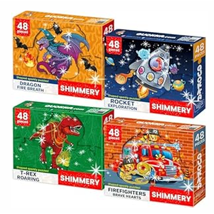QUOKKA Shimmer Puzzles for Kids Ages 4-6 – 48 Piece Shaped Jigsaw Puzzles for Toddlers 3-5 – 4-Pack Dragon, Rocket, Firetruck & Dinosaur Children's Game Ages 4-8 – Unique Gift Toy for Preschoolers