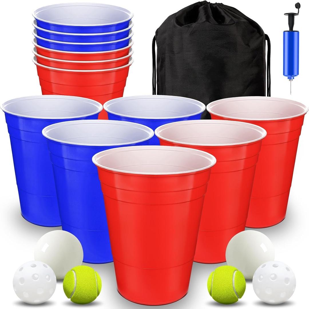 Giant Yard Pong Game Set Durable Giant Cups with Inflatable Pong Balls Pump and Carrying Bag Giant Pong Set for Lawn Beach Camping or Backyard (Blue+ Red)