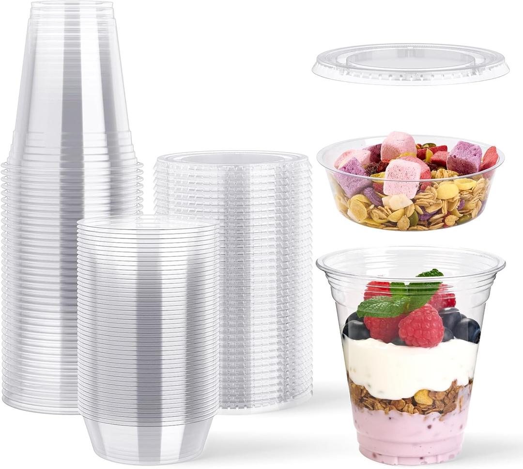 Lilymicky 50 Sets 12 oz Clear Plastic Parfait Cups with Insert & Flat lids, Disposable Yogurt Fruit Cups for Kids, for Dips and Veggies, Breakfast and Snacks
