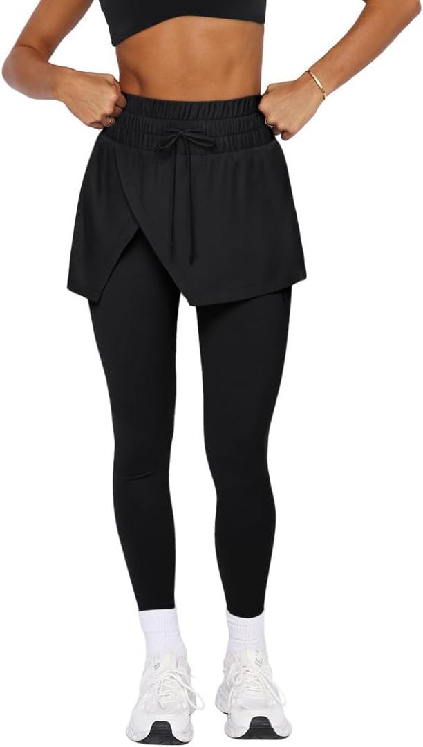 LASLULU Womens Tennis Skirted Leggings Yoga Golf Skirts with Leggings Modest Gym Athletic Pickleball Running Clothes Outfits (X-Large, Black)