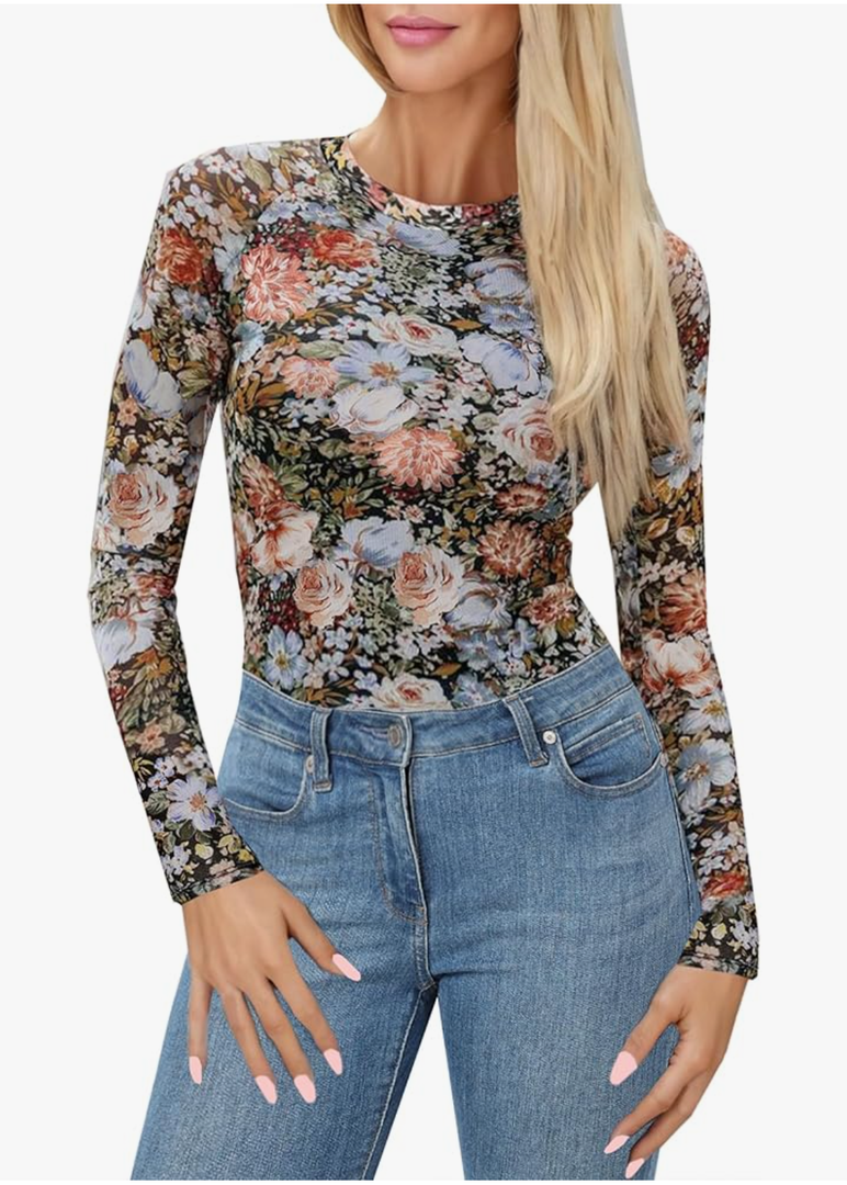 Floral Mesh Top for Women Crew Neck Long Sleeve See Through Tee Shirts Fitted Sexy Going Out Tops size 73