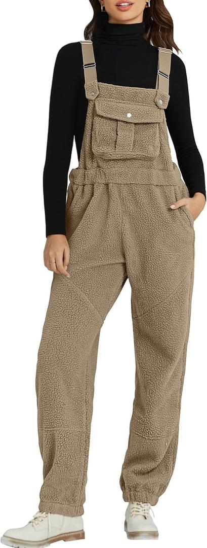 luvamia Sherpa Overalls for Women Loose Fit Winter Fuzzy Fleece Warm Bib Pocket Adjustable Jogger Baggy Overall Jumpsuit (L)