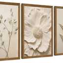 JLTULT 3 Piece Framed Neutral Beige Floral Canvas Wall Art, Modern Simple Texture Blossom Wall Decor, Vintage Botanical Flower Art Prints for Living Room Bedroom Farmhouse 16x24 inch Ready to Hang