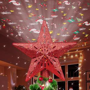 Christmas Tree Topper Lighted with 6 Projected Patterns -Christmas Star Tree Topper Built-Led Rotating Lights -3D Glitter Dynamic Projector for Indoor Xmas New Year Holiday Party Decorations