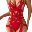 Lilosy Sexy Strappy Crisscross Cutout Underwire Garter Belt Lingerie Set Rave Outfits (Large, Red)