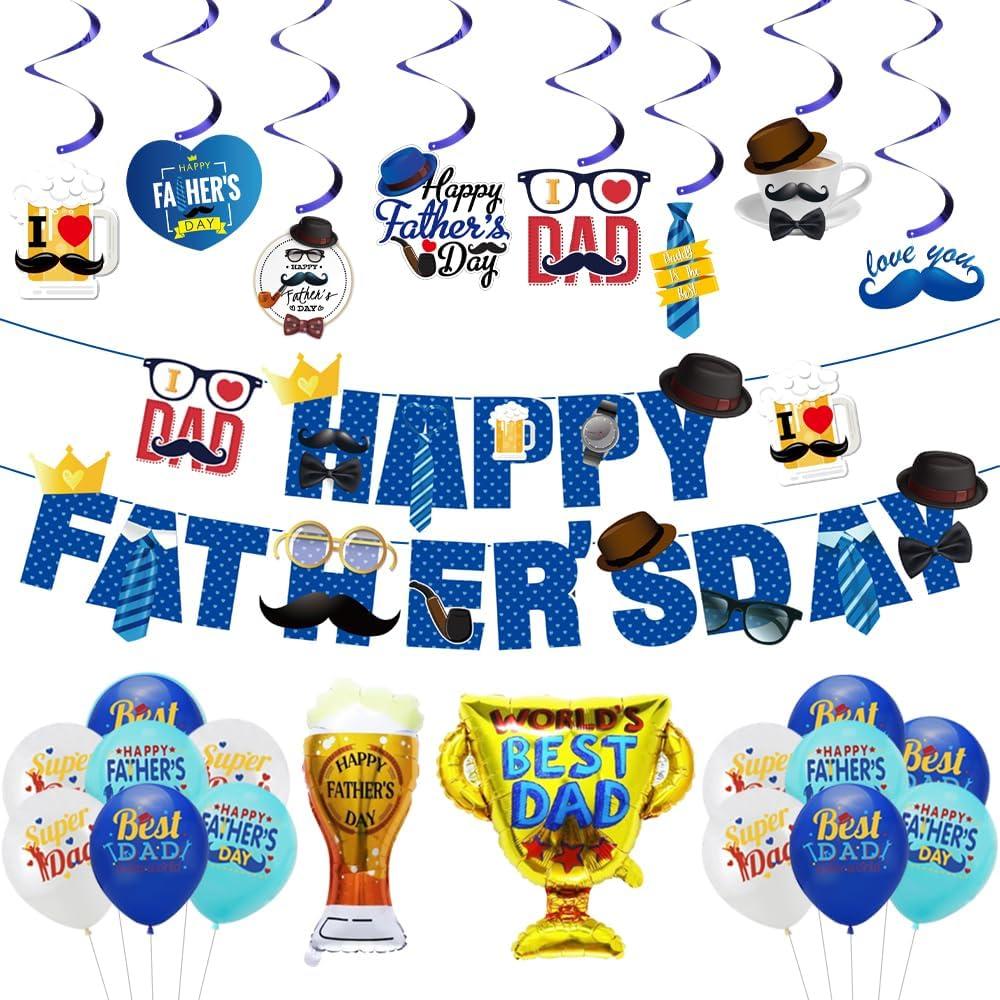 Father's Day Decorations, Happy Fathers day Banner Balloons Set Hanging Swirls Blue Double Sided for Father's Day Decorations