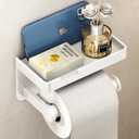 VOLDRA Toilet Paper Holder with Phone Shelf, Self-Adhesive or Screw Toilet Tissue Roll Holder Wall Mount, Rustproof & Multifunctional Bathroom Toilet Paper Holder Storage Dispenser(White)