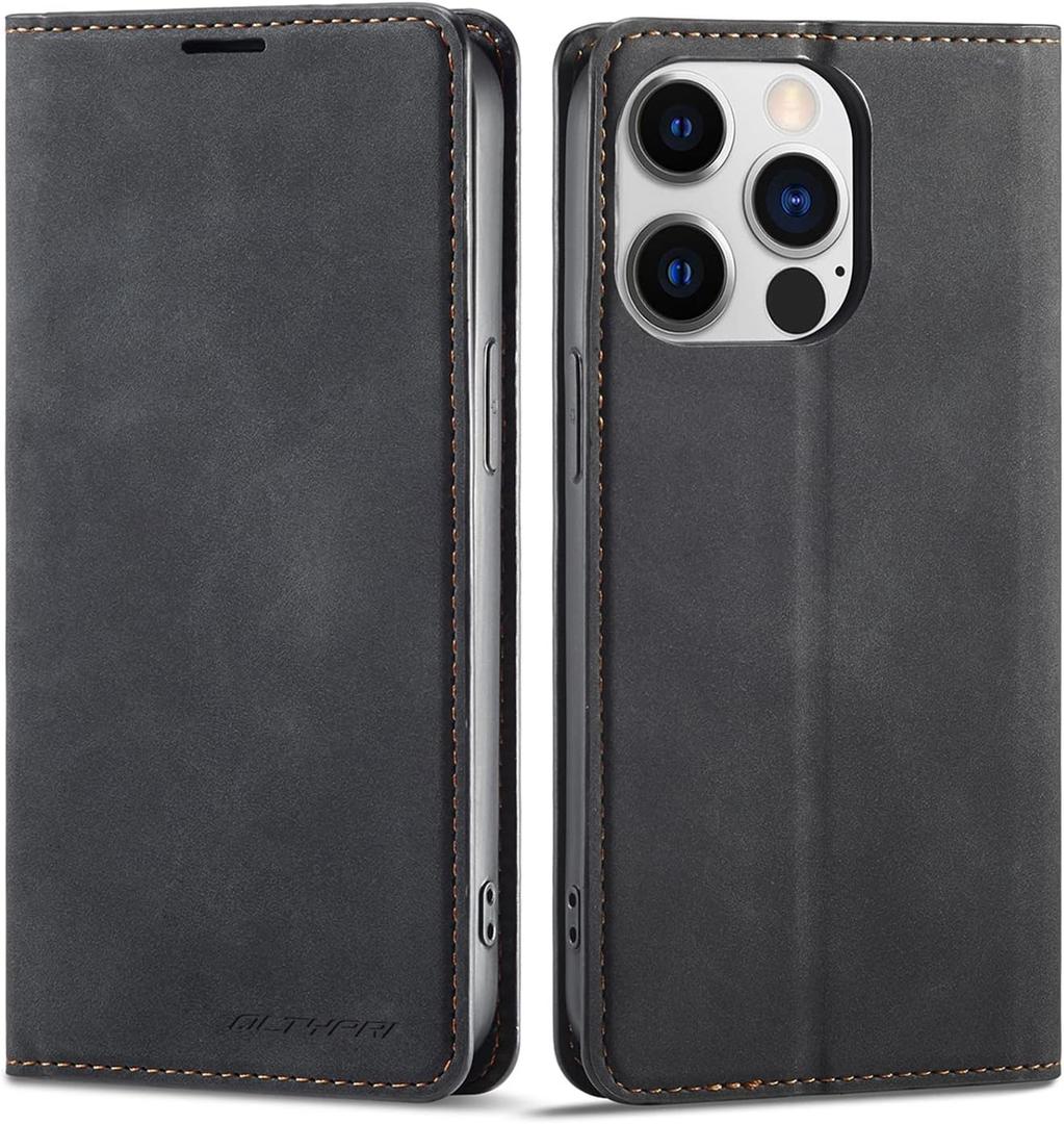 QLTYPRI Case for iPhone 15 Pro Max, Premium PU Leather Cover TPU Bumper with Card Holder Kickstand Hidden Magnetic Adsorption Shockproof Flip Wallet Case for iPhone 15 Pro Max- Black