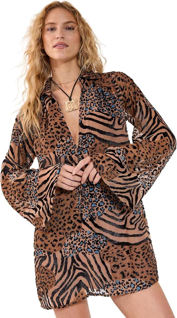 Nasty Gal Mixed Animal Devore Button Down Mini Tunic Dress (6)