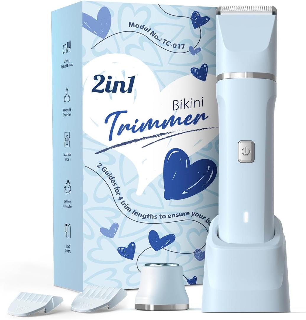 Electric Shaver for Women Gifts for Women - Rechargeable Cordless Bikini Trimmer Razor Hair Removal Groomer Wet/Dry Waterproof Pubic Body Facial Legs Arm Safe Ceramic Blade Hypoallergenic -Blue (2-in-1 Blue)
