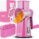 SUSTEAS Rotary Cheese Grater with Handle - Vegetable Shredder with 5 Well-designed Blades & Strong Suction Base,Round Mandoline Slicer & Food Chopper for Kitchen,with Blade Storage Box(Pink)