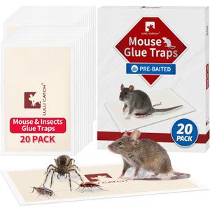 LULUCATCH Mouse Traps, 20 Pack Pre-Baited Sticky Mouse Traps Indoor for Home, Non-Toxic Bulk Sticky Pads, Glue Traps for Rats, Bugs, Spider, Mice, Cockroach, Pet Safe, Easy to Use