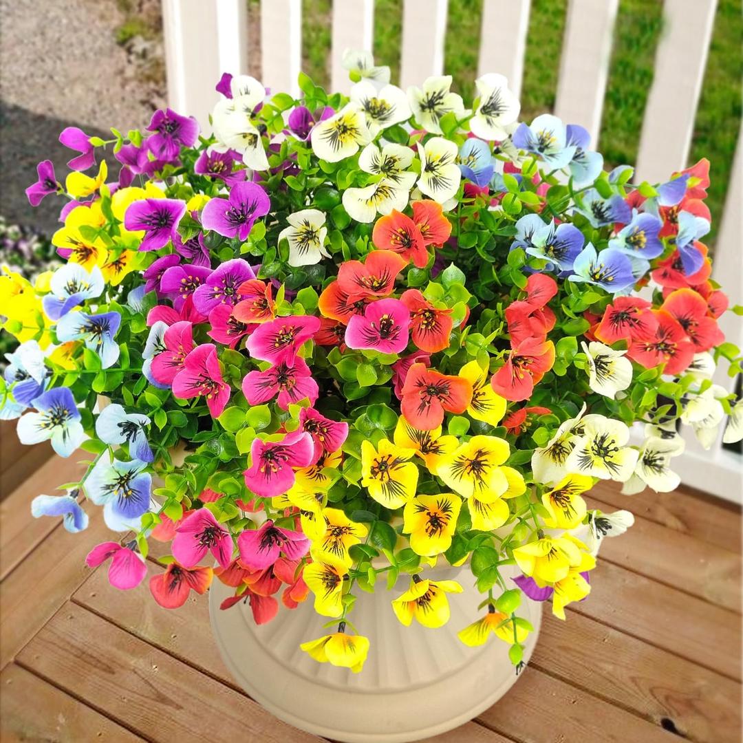Pansies Artificial Flowers for Outdoors 12 Bundles Fake Silk Pansy Faux Plastic Plants UV Resistant for Home Outside Garden Planter Front Door Porch Yard Patio Decor (Mixed Color)