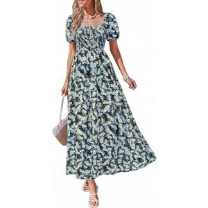 BTFBM Summer Maxi Dresses for Women Wedding Guest Spring Floral Boho Short Sleeve Smocked Beach Graduation Dress 2026 (Blue, M)