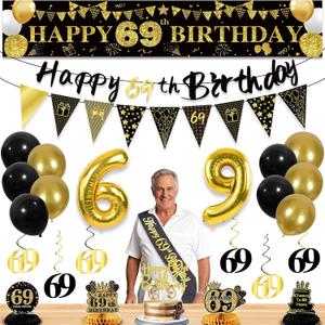 27pcs 69th Birthday Decorations for Men, Black Gold 69th Party Decorations, Happy 69th Birthday Banner Honeycomb Hanging Swirls Cake Topper and Balloons Kit Party Supplies