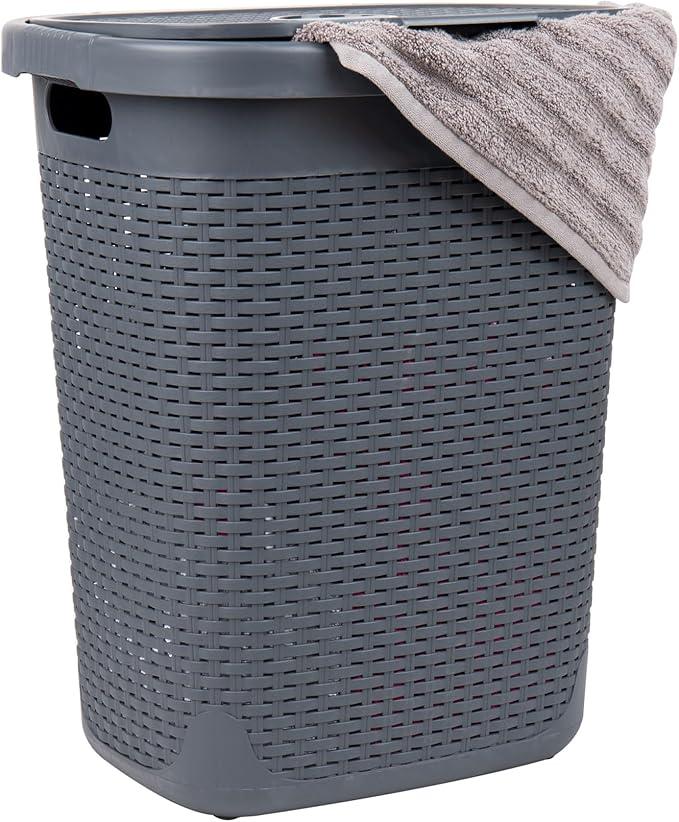 Mind Reader 50L Slim Laundry Hamper, Clothes Basket, Lid, Wicker Design, Plastic, 17.65"L x 13.75"W x 21"H, Gray