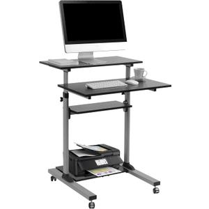 TechOrbits Rolling Desk for Laptop - Standing or Sitting Mobile Computer Cart with Wheels, Adjustable Height & 27.5-inch Surface - Portable Home Office Workstation - Black