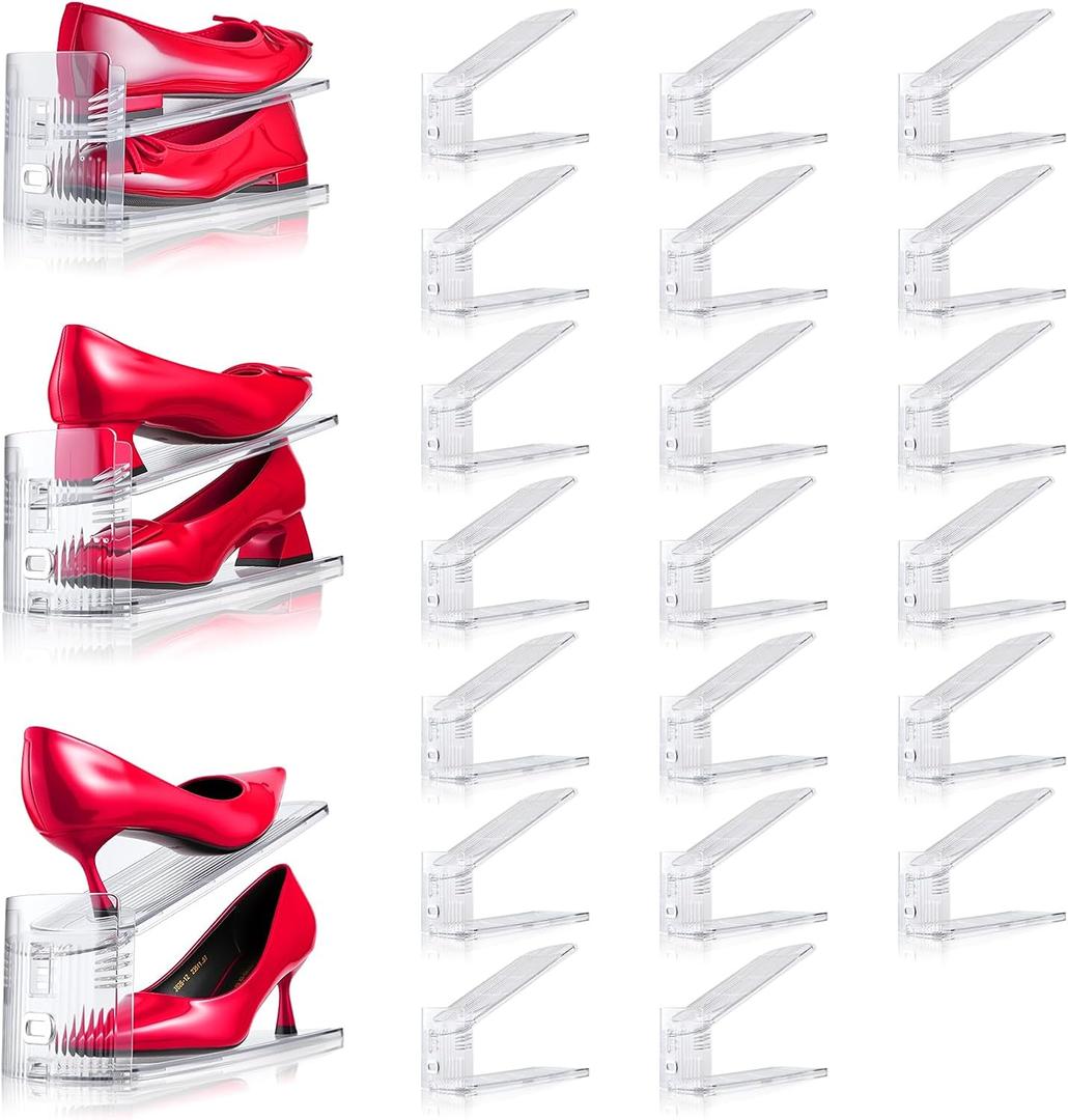 20PACK Shoe Slots Organizer for Closet, Adjustable Shoe Rack Holder Shoe Space Savers Double Layer Stack Shoe Racks for Closet Organization(Transparent)