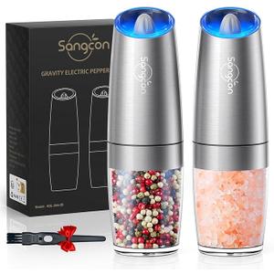 Sangcon Gravity Electric Pepper and Salt Grinder Mill Set Automatic Shakers Grinder with LED Light, Battery Powered Adjustable Coarseness One Hand Operation, Random X or XL Capacity