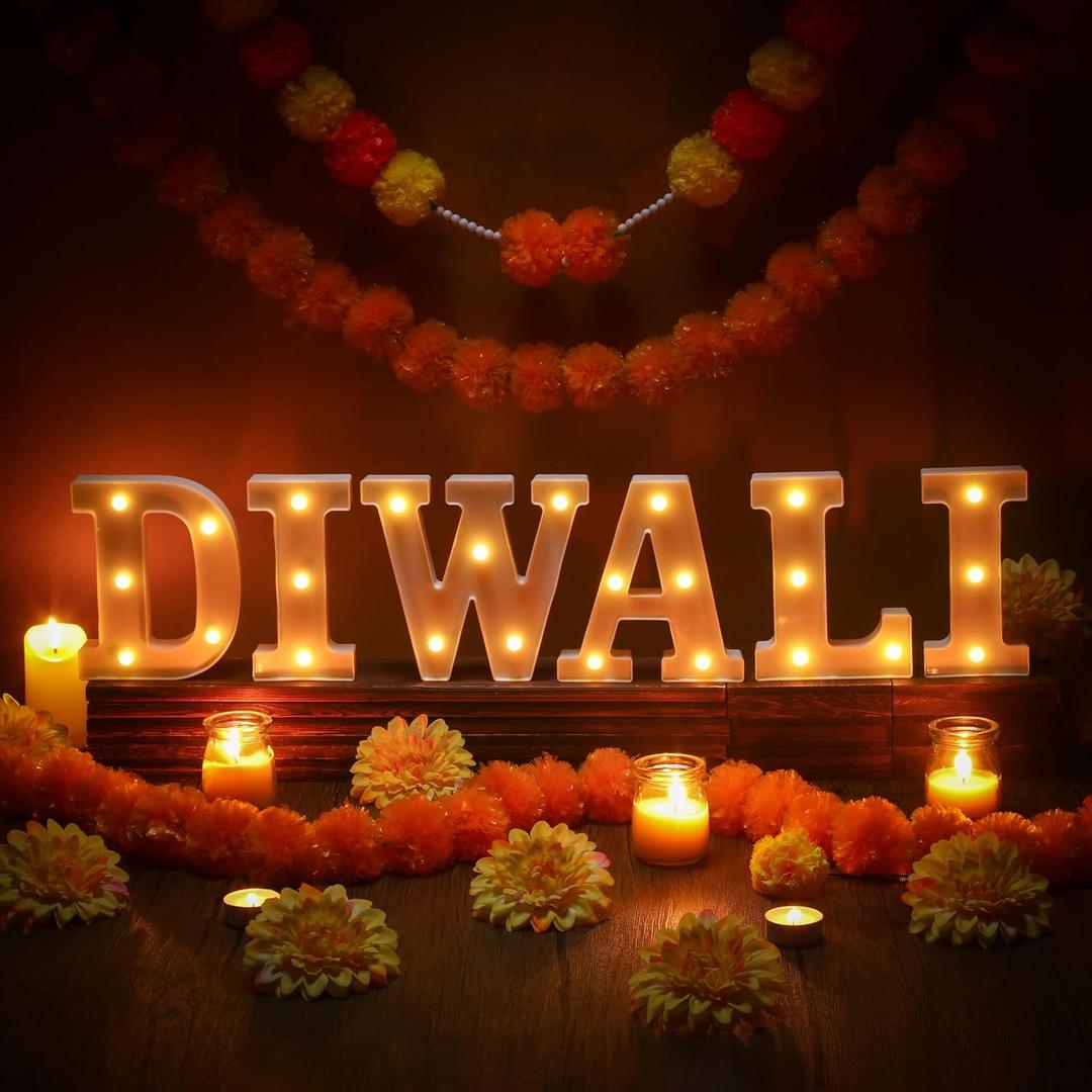 6 Pcs Diwali Light up Letters 6.3 Inch Battery Powered Letter Sign Diwali Decor for Home Mandir Table Decoration Items Marquee Night Lights Indian Hindu Pooja Room Light for Puja Party Festival Gifts