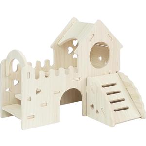 Wood Hamster Hideout House Habitat Wooden Maze Hide Hut with Climbing Ladder and Platform Cage Accessories Toys for Dwarf Gerbils Mouse Mice Rat Other Small Animals etc.