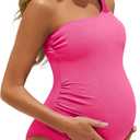 Summer Mae Maternity Swimsuit One Piece One Shoulder Ribbed Pregnancy Bathing Suit (Pink, S)
