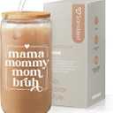 SANDJEST Mother Glass Can, Mama Mommy Mom Bruh Cup with Lid & Straw, Iced Coffee Aesthetic Cups, Idea Gift for Christmas Birthday Mother Day, Gifts for Women, 16oz