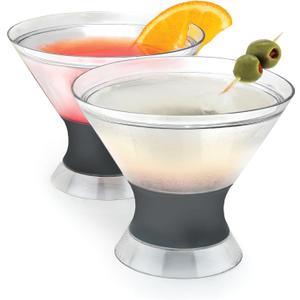 Host Freeze Insulated Martini Cooling Cups, Plastic Freezer Gel Chiller Double Wall Stemless Cocktail Glass Set of 2, 9 oz, Grey
