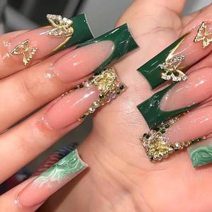 Long Square Press on Nails Green French Tip Fake Nails Gold Glitter False Nails with Gold 3D Butterfly Designs Long Square Glue on Nails Sparkly Artificial Nails Cute Stick on Nails for Women (Long Style-C5C29)