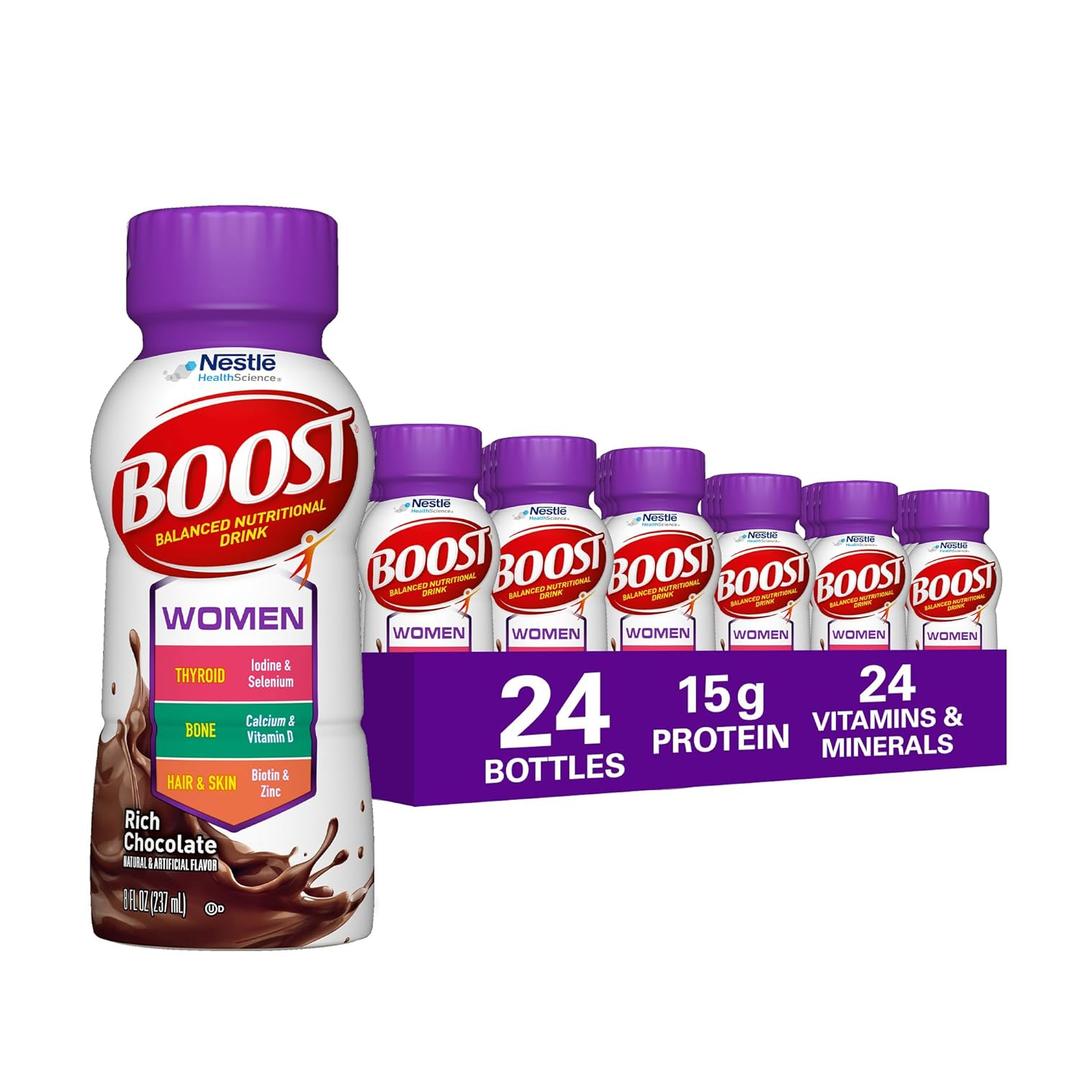 BOOST Women Balanced Nutritional Drink, Rich Chocolate, 8 fl oz (Pack of 24) (EXP 01/20/27)