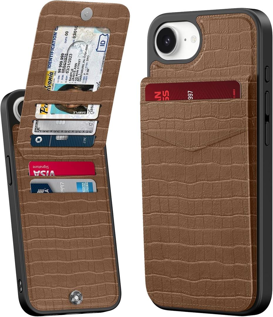 Bemal for iPhone 16e Wallet Case, Built-in 6 Card Holder, RFID Blocking, PU Leather Kickstand, Magnetic Closure, Durable Shockproof Phone Cover for Women and Men, Alligator Pattern Brown