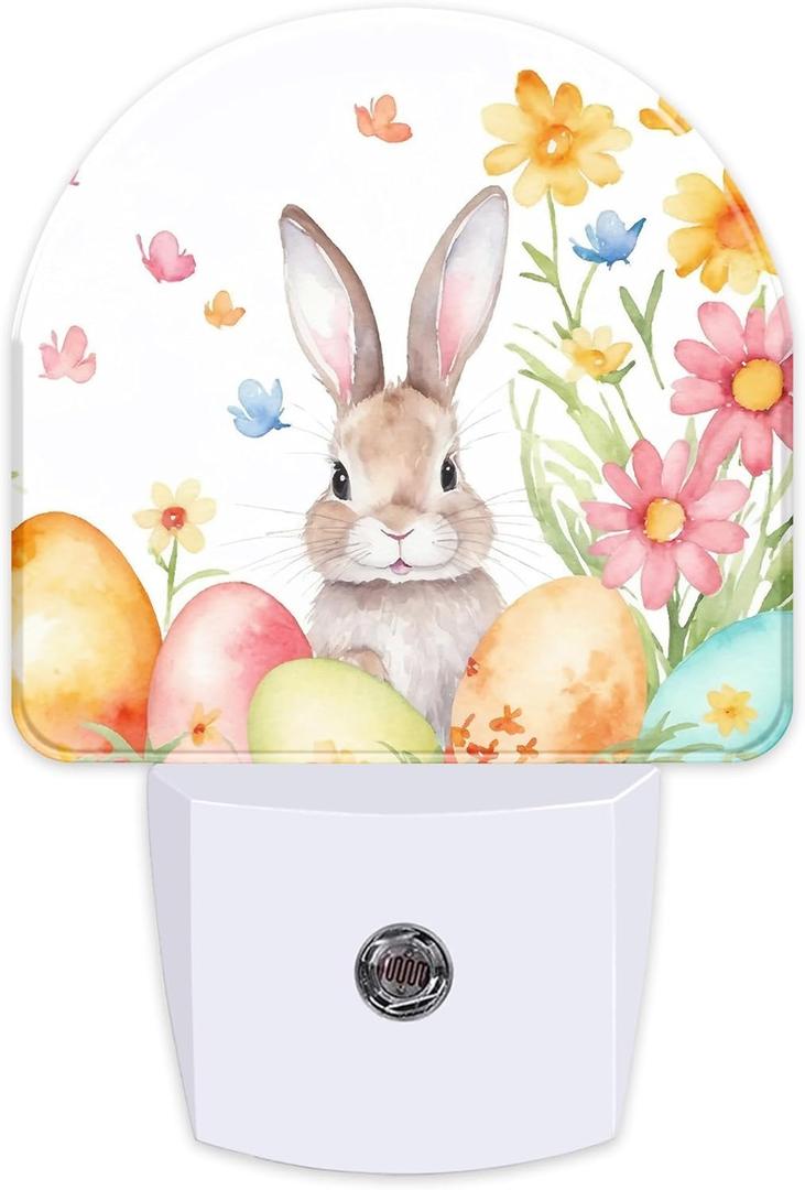 Easter Bunny Floral Eggs Night Light, Dusk-to-Dawn Auto Sensor Easter Rabbit Plug in Night Light for Kids,0.5W Energy Saving LED Night Lights for Bedroom/Bathroom, Ideal Gifts for Women Men