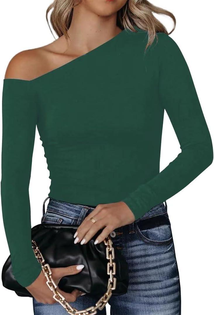 BONITEE Women's Sexy One Off The Shoulder Tops Asymmetrical Neck Clothes Long Sleeve Shirt Slim Going Out Top, S