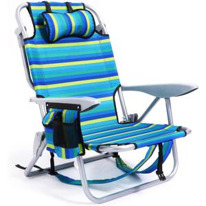 Portable Beach Chair for Adults, Outdoor Camping Chair Lay Flat Folding Backpack Beach Reclining Chair with 5 Positions, Headrest, Cup Holder, Heavy Ocean Striped