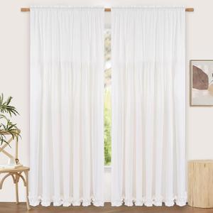 Likiyol Linen Curtains for Living Room 84 Inch Length Farmhouse Window Curtains for Bedroom with Ruffle Light Filtering Curtain Rustic Country Drapes Rod Pocket Window Treatments, White, 2 Panels
