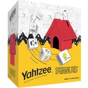 YAHTZEE: Peanuts Edition, Exclusive Snoopys Doghouse Cup, Roll The Dice with Charlie Brown, Woodstock & The Peanuts Gang, Dice Rolling Game with a Fun Twist, Officially Licensed Peanuts Collectible