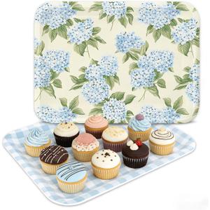 2 Pcs Hydrangea Flower Serving Trays Melamine Platter Spring Summer Blue Plaid Floral Serving Dishes for Party Sharing Snack Fruit Dessert Supplies, 10 x 13 Inch