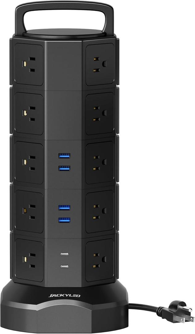 Power Strip Tower, 20 AC Outlets 6 USB Ports(2 USB C), 1050J Surge Protector, 13A Desktop Charging Station, 6.5ft Heavy Duty Extension Cord with Multiple Outlets for Home Office Garage, Black