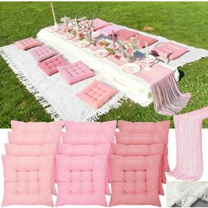 Extra Large Outdoor Picnic Blanket with Table Runner and Floor Pillow Cushion for Picnic Wedding Birthday Baby Shower Backyard Decor(71 x 150'',Pink,15 Pcs)