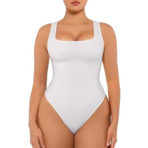 FeelinGirl Bodysuits for Women Seamless Square Neck Tummy Control Compression Thong Shapewear Bodysuit Tank Tops Bodysuit (X-Large-XX-Large, White)